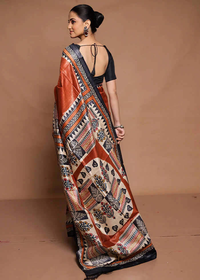 Rust Handloom Tussar Pure Silk Saree With Blouse Piece - Image 3