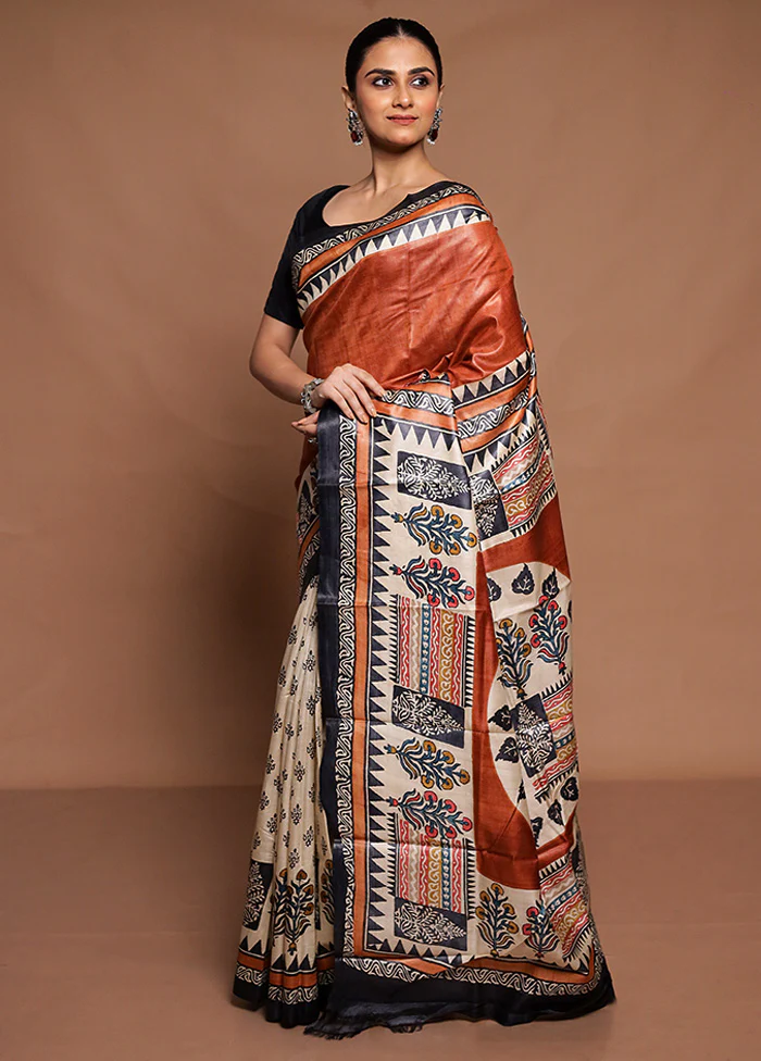 Rust Handloom Tussar Pure Silk Saree With Blouse Piece - Image 4