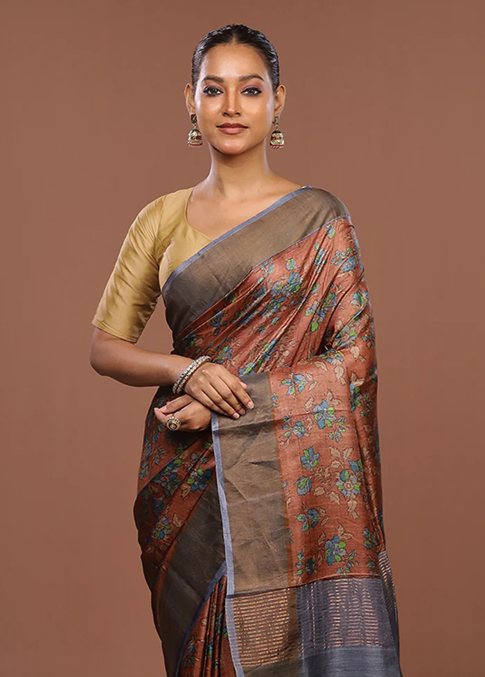 Brown Handloom Tussar Silk Saree With Blouse Piece