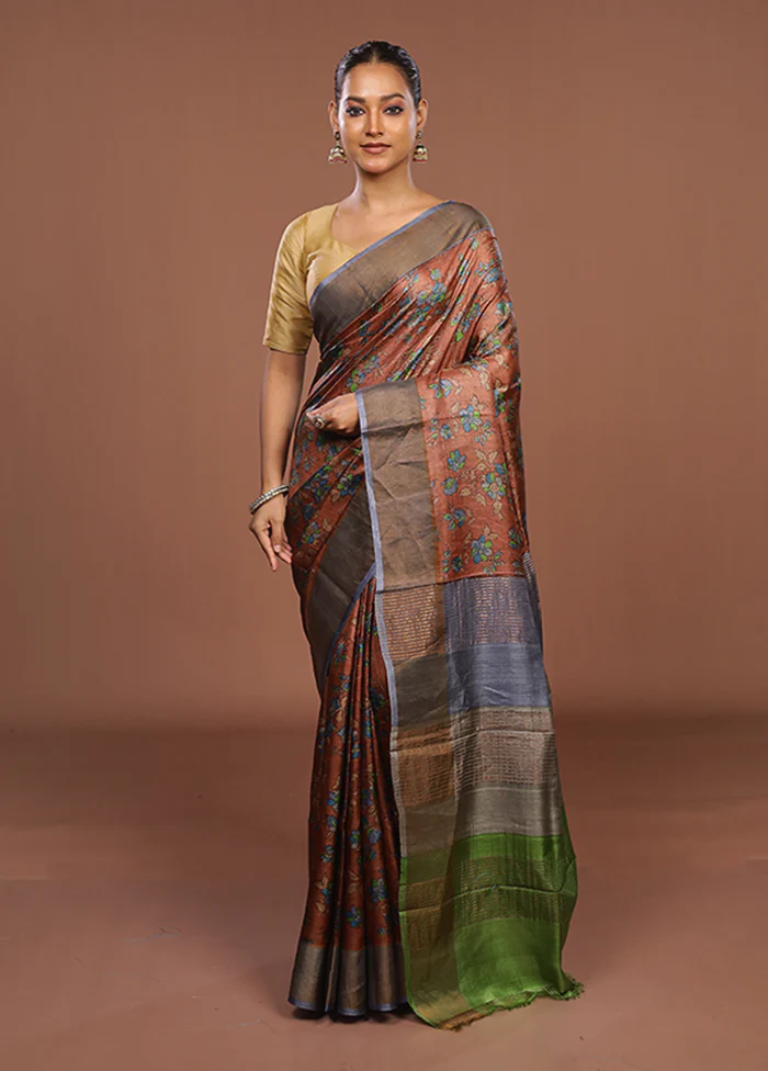 Brown Handloom Tussar Silk Saree With Blouse Piece - Image 2