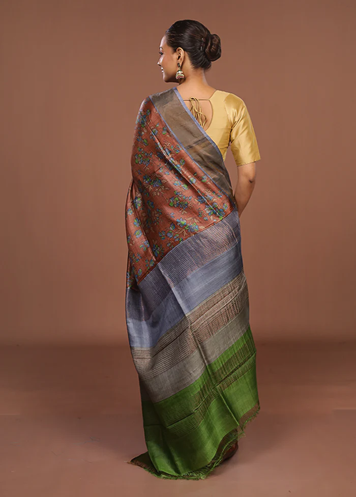 Brown Handloom Tussar Silk Saree With Blouse Piece - Image 3