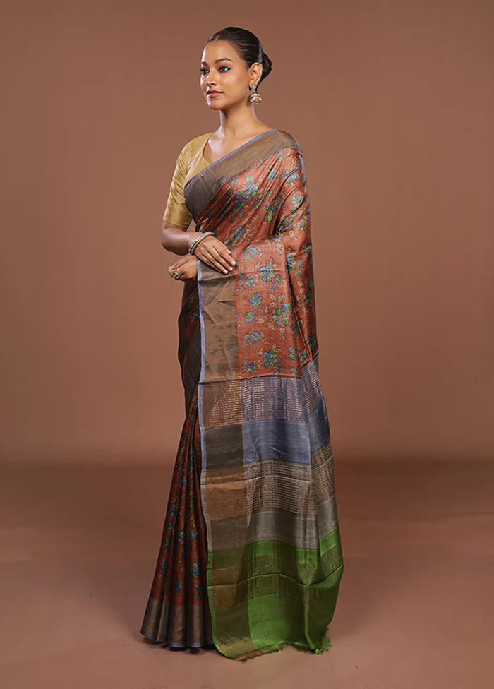 Brown Handloom Tussar Silk Saree With Blouse Piece - Image 4