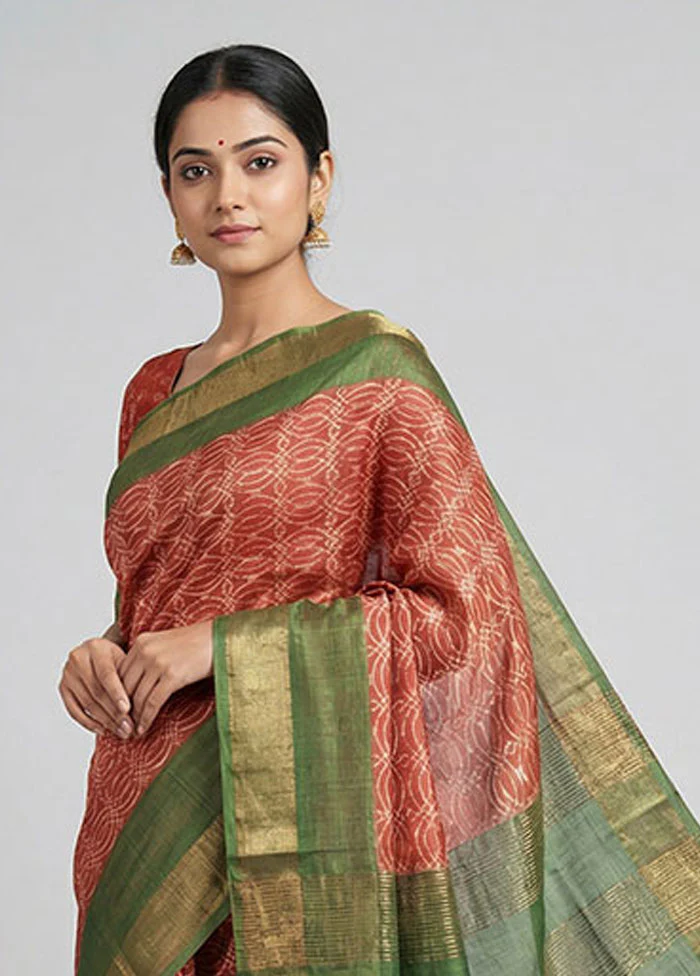 Rust Handloom Tussar Silk Saree With Blouse Piece - Image 2