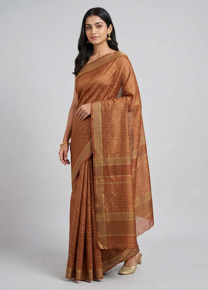Rust Handloom Tussar Pure Silk Saree With Blouse Piece