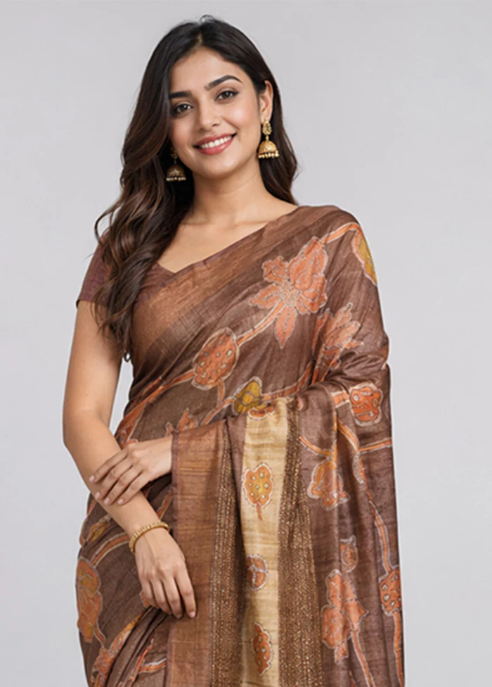 Rust Handloom Tussar Pure Silk Saree With Blouse Piece - Image 2