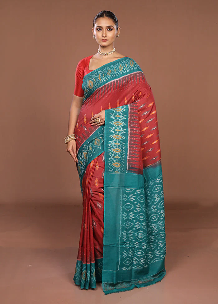 Rust Ikkat Cotton Saree With Blouse Piece - Image 2