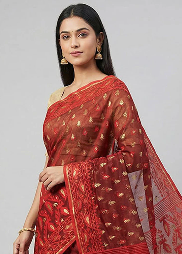 Rust Jamdani Cotton Saree Without Blouse Piece - Image 2
