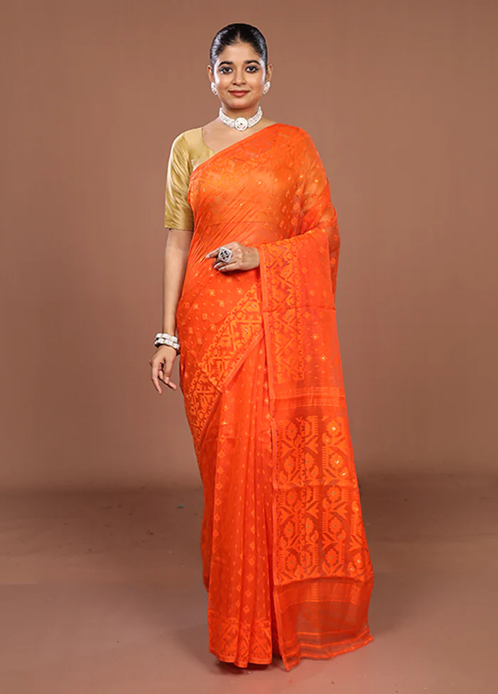 Rust Jamdani Cotton Saree Without Blouse Piece - Image 2