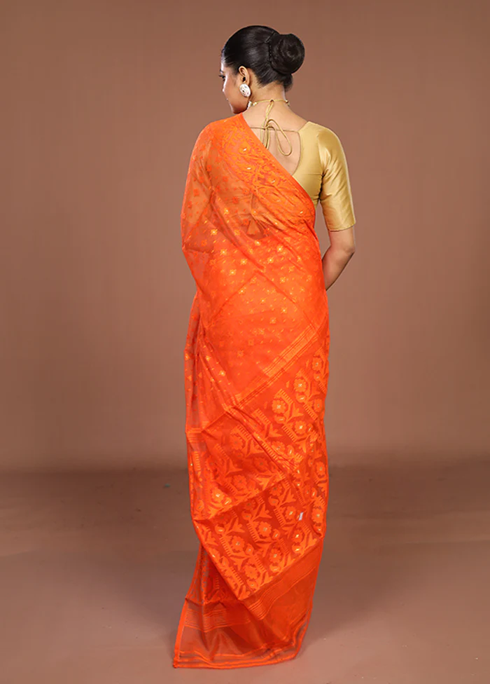 Rust Jamdani Cotton Saree Without Blouse Piece - Image 3