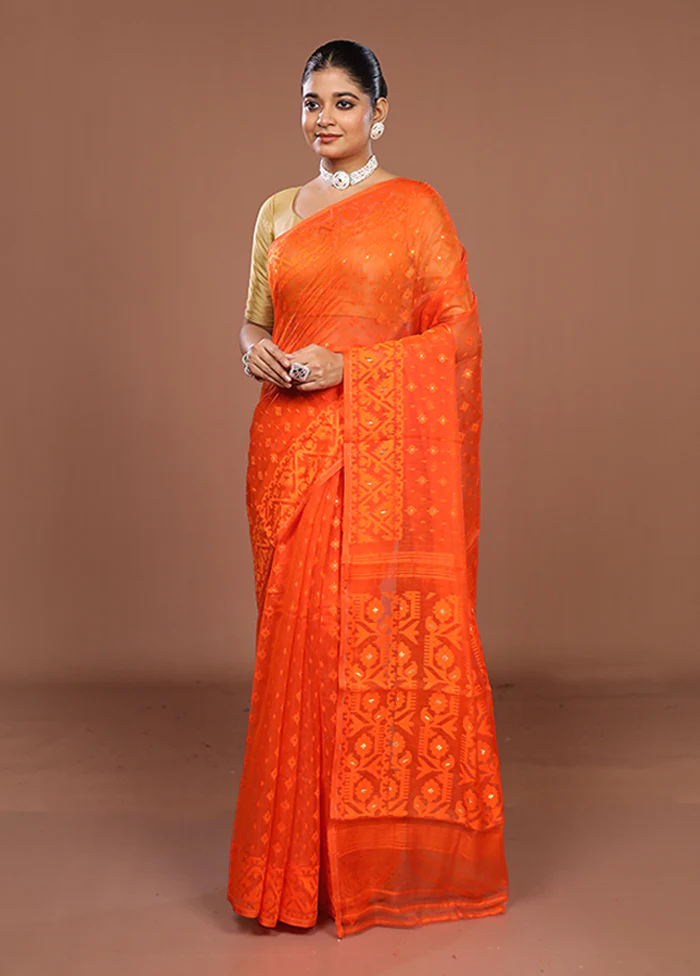 Rust Jamdani Cotton Saree Without Blouse Piece - Image 4