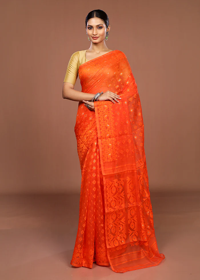 Rust Jamdani Cotton Saree Without Blouse Piece - Image 2