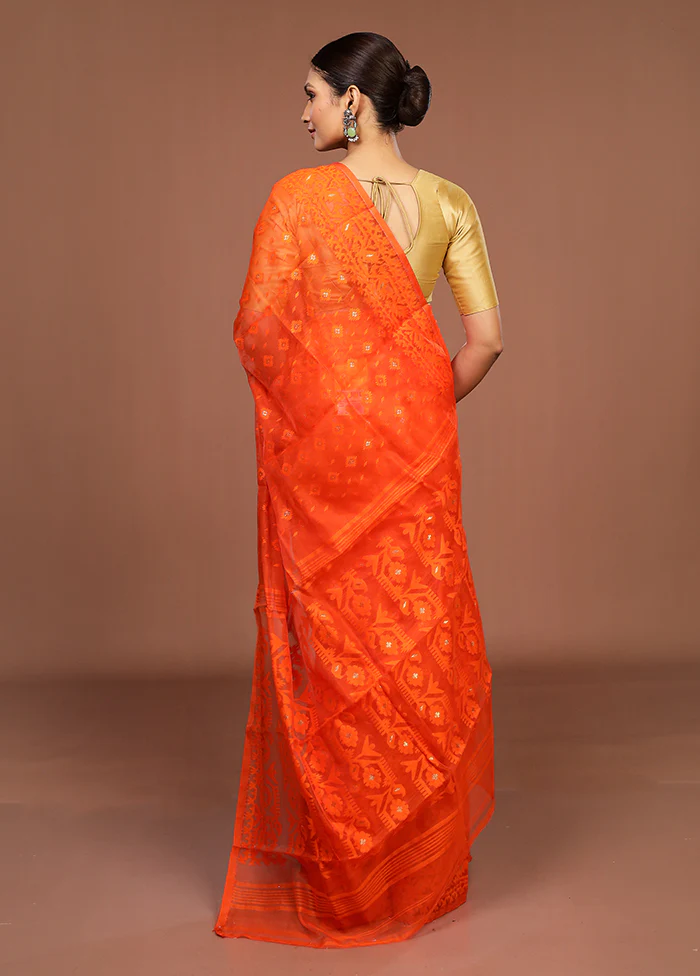 Rust Jamdani Cotton Saree Without Blouse Piece - Image 3