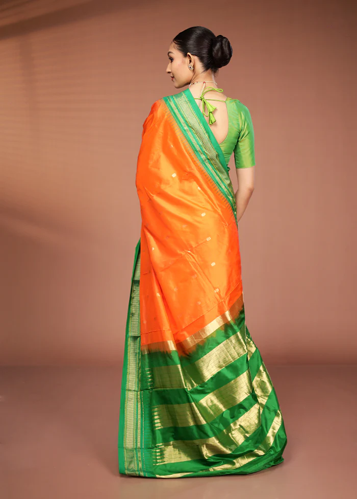 Orange Kanjivaram Pure Silk Saree With Blouse Piece - Image 3