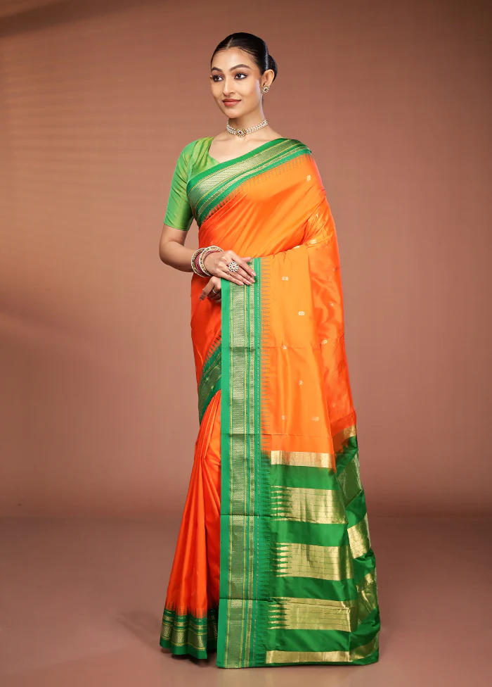 Orange Kanjivaram Pure Silk Saree With Blouse Piece - Image 4