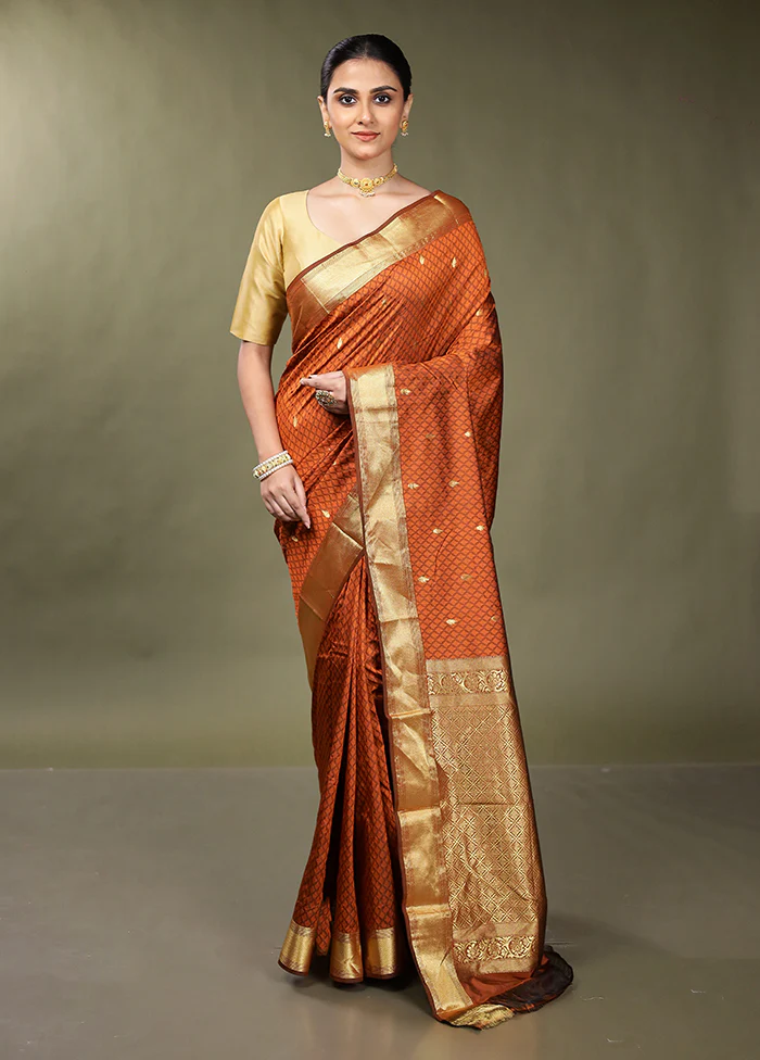 Rust Kanjivaram Silk Saree With Blouse Piece - Image 2