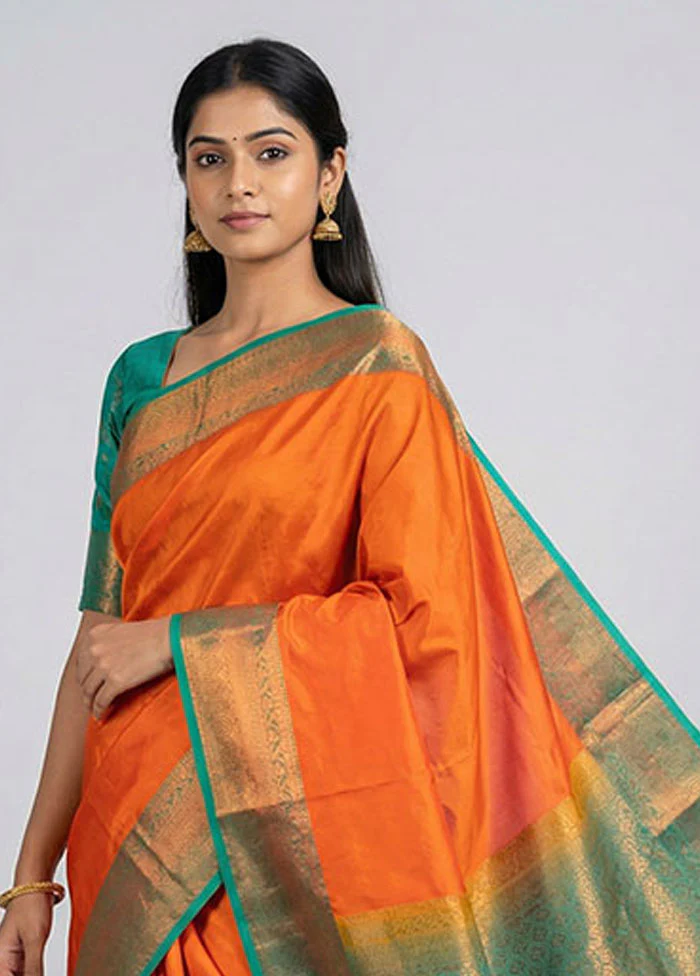 Rust Kanjivaram Silk Saree With Blouse Piece - Image 2