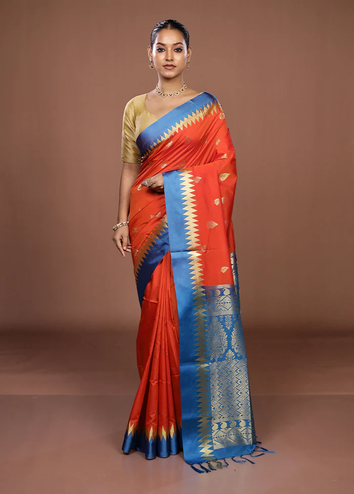 Rust Kanjivaram Silk Saree With Blouse Piece - Image 2