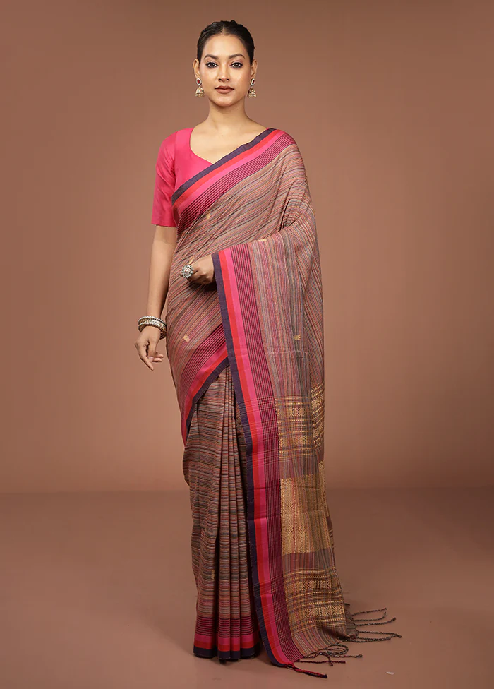 Rust Khadi Cotton Saree With Blouse Piece - Image 2