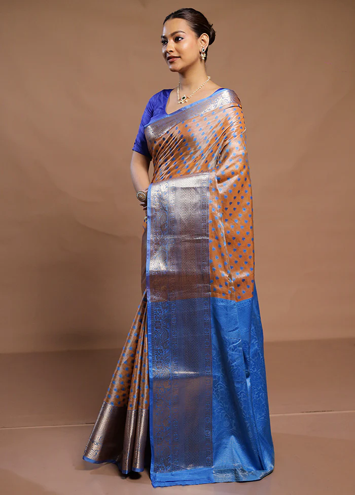Orange Kora Silk Saree With Blouse Piece - Image 4