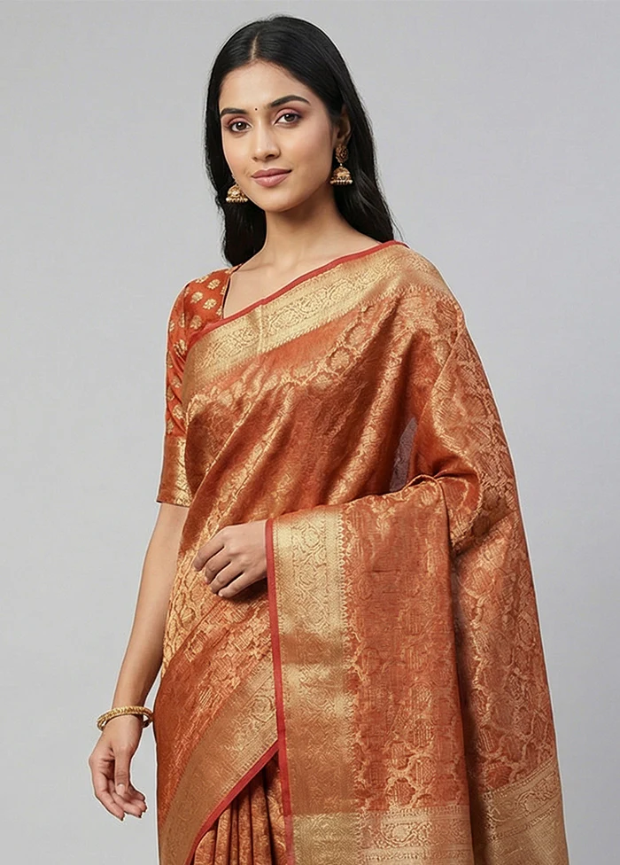 Rust Kora Silk Saree With Blouse Piece - Image 2