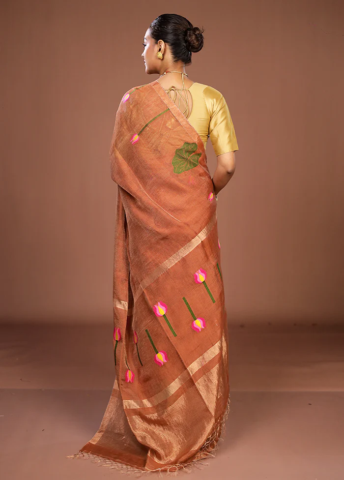 Rust Linen Silk Saree With Blouse Piece - Image 3