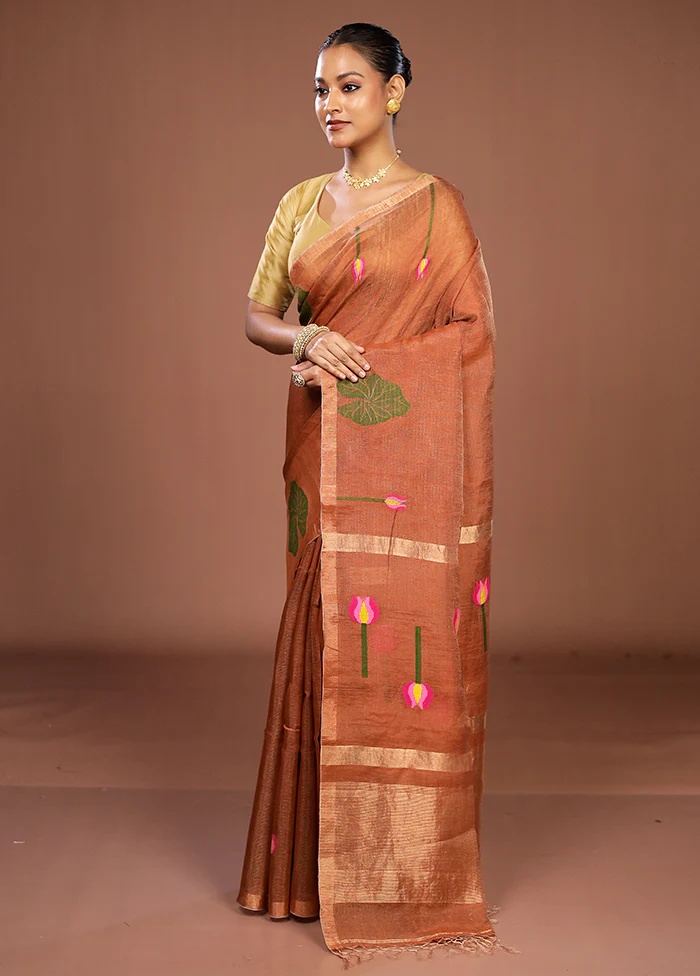 Rust Linen Silk Saree With Blouse Piece - Image 4