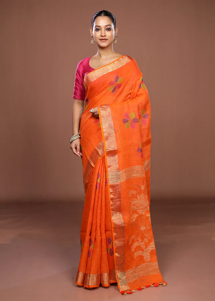 Rust Linen Silk Saree With Blouse Piece - Image 2