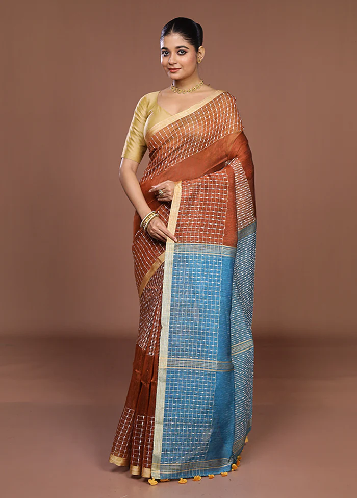 Rust Linen Silk Saree With Blouse Piece - Image 4