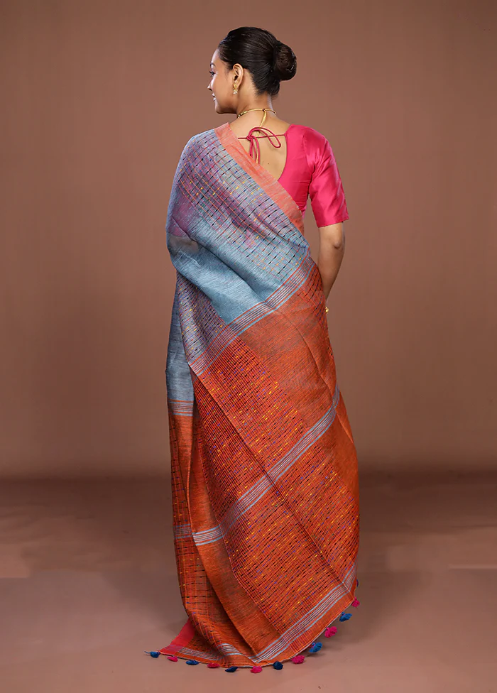Rust Linen Silk Saree With Blouse Piece - Image 3