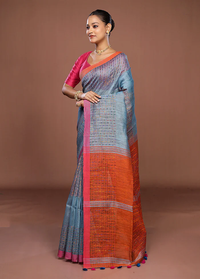 Rust Linen Silk Saree With Blouse Piece - Image 4