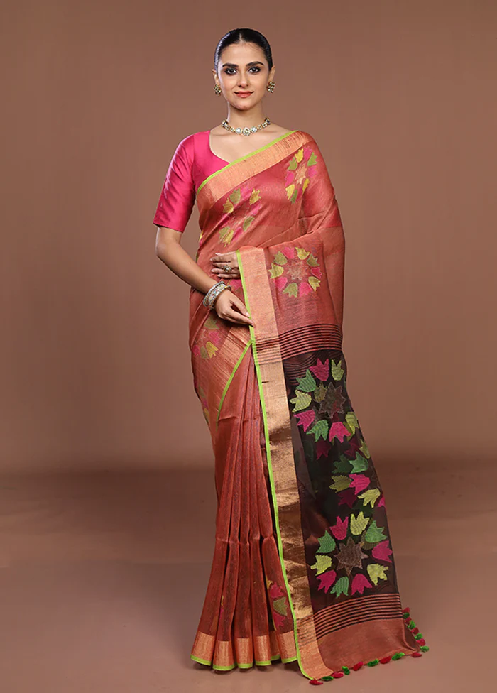 Rust Matka Silk Saree With Blouse Piece - Image 2