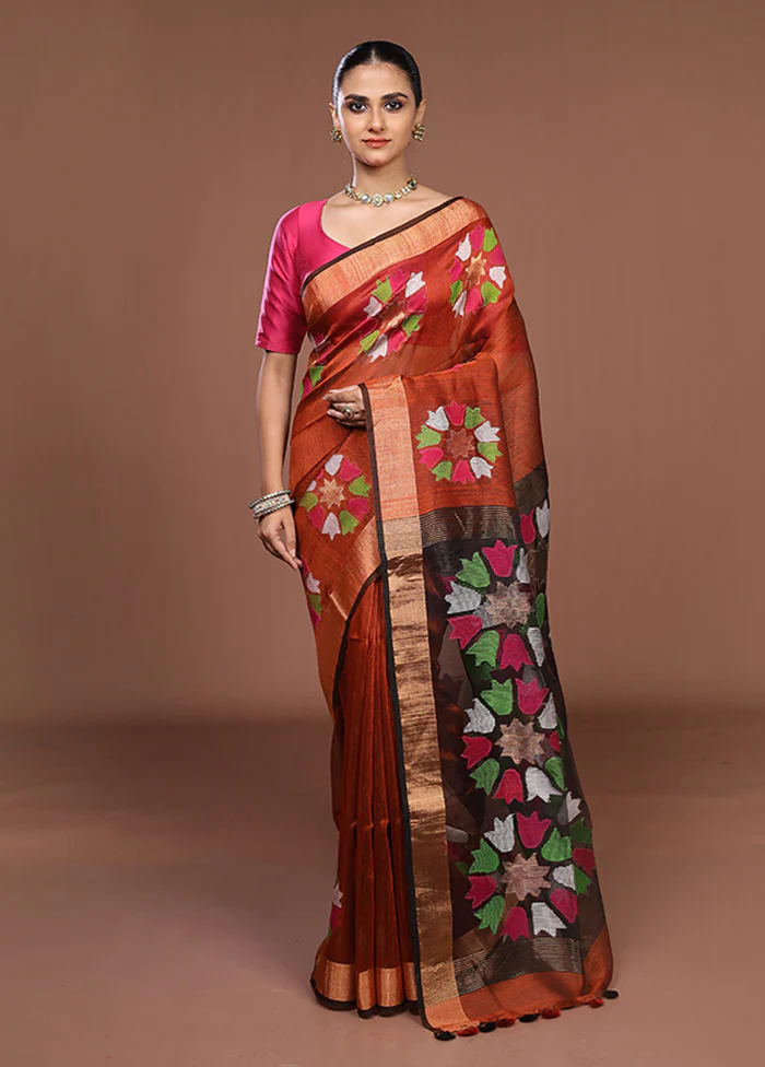 Rust Matka Silk Saree With Blouse Piece - Image 2