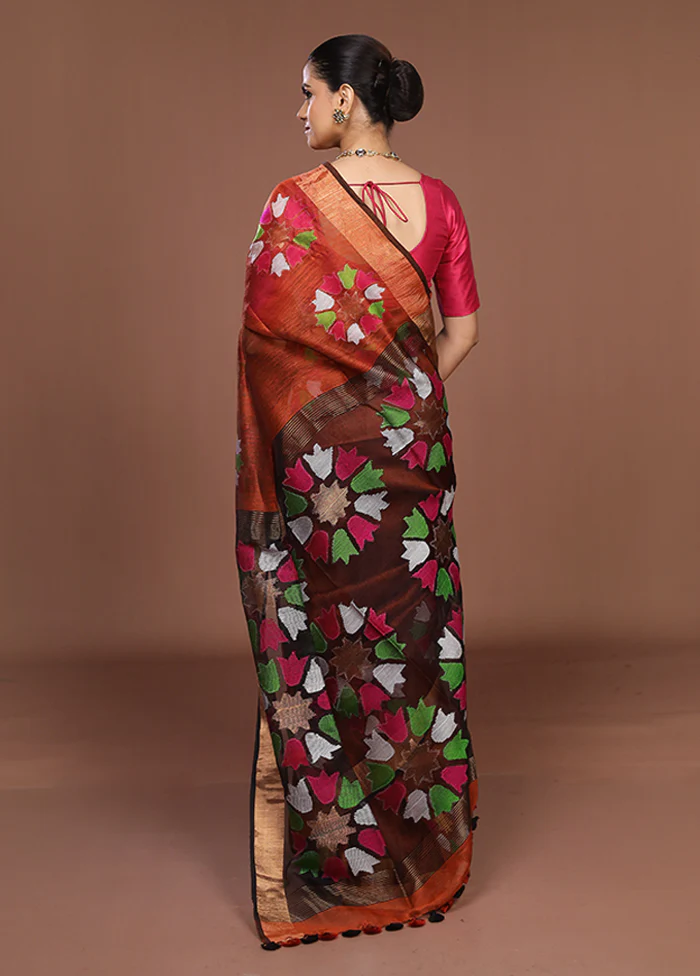 Rust Matka Silk Saree With Blouse Piece - Image 3