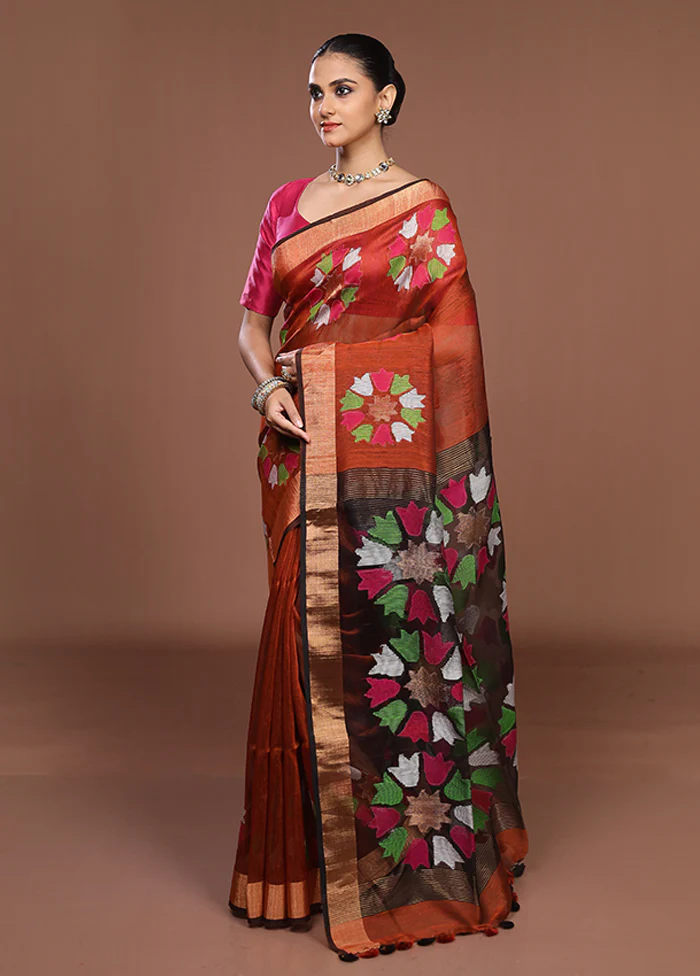 Rust Matka Silk Saree With Blouse Piece - Image 4