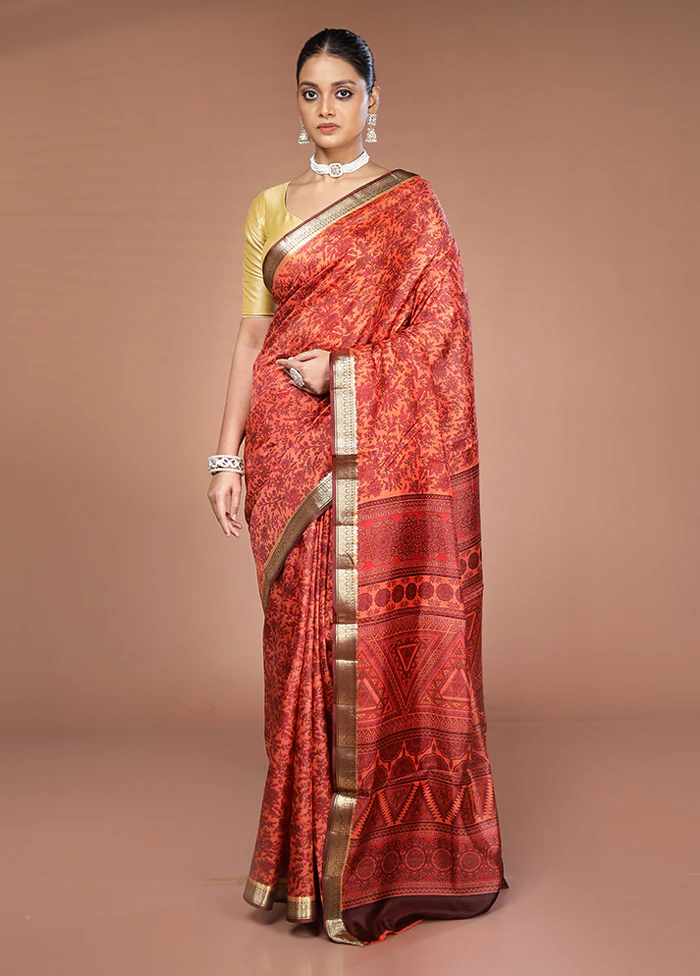 Rust Printed Pure Silk Saree Without Blouse Piece - Image 2