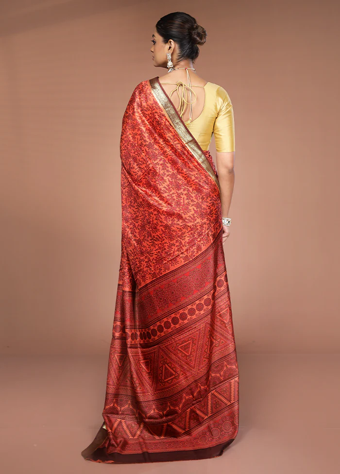 Rust Printed Pure Silk Saree Without Blouse Piece - Image 3