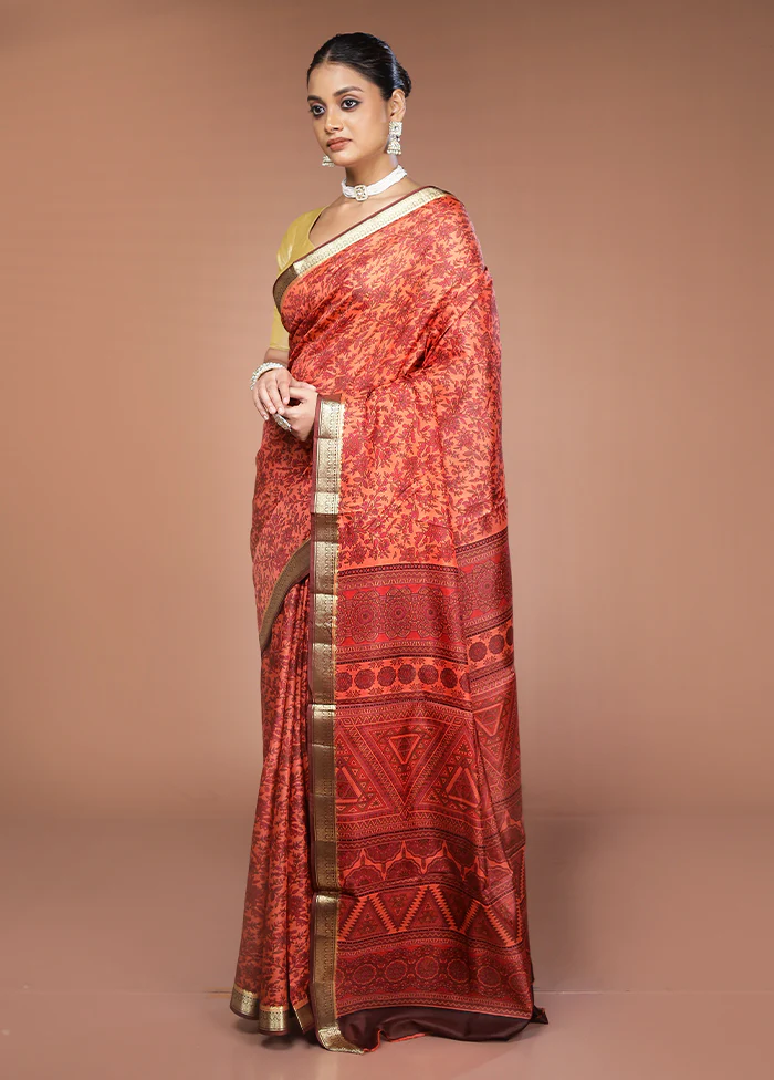 Rust Printed Pure Silk Saree Without Blouse Piece - Image 4