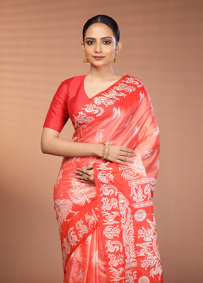 Red Printed Silk Saree Without Blouse Piece