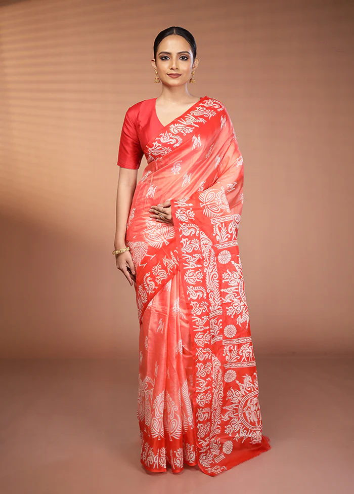 Red Printed Silk Saree Without Blouse Piece - Image 2