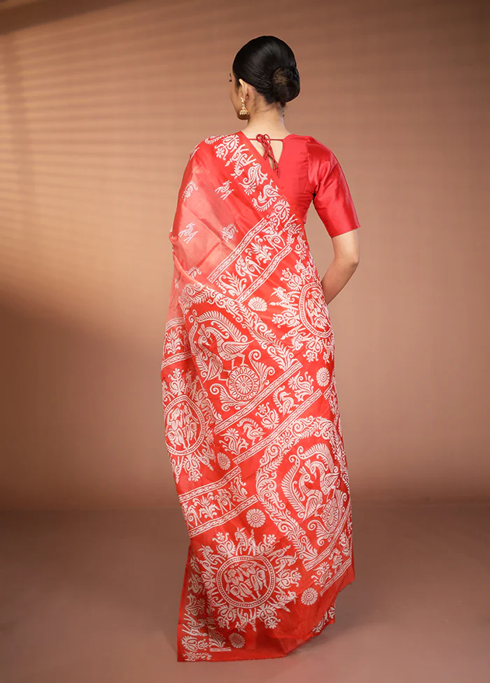 Red Printed Silk Saree Without Blouse Piece - Image 3
