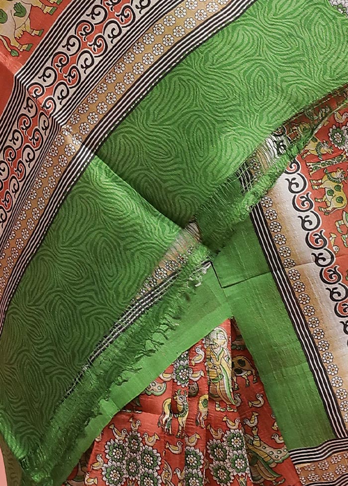Rust Printed Pure Silk Saree Without Blouse Piece - Image 3