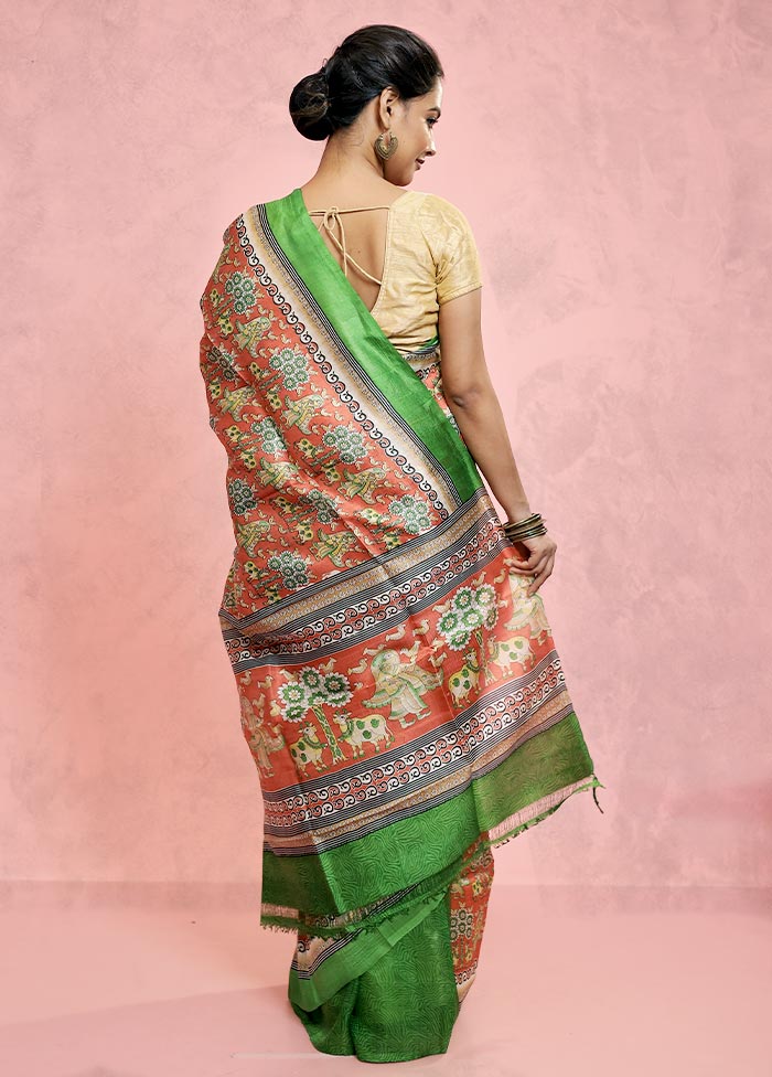 Rust Printed Pure Silk Saree Without Blouse Piece - Image 4
