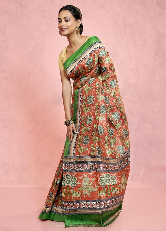 Rust Printed Pure Silk Saree Without Blouse Piece - Image 5