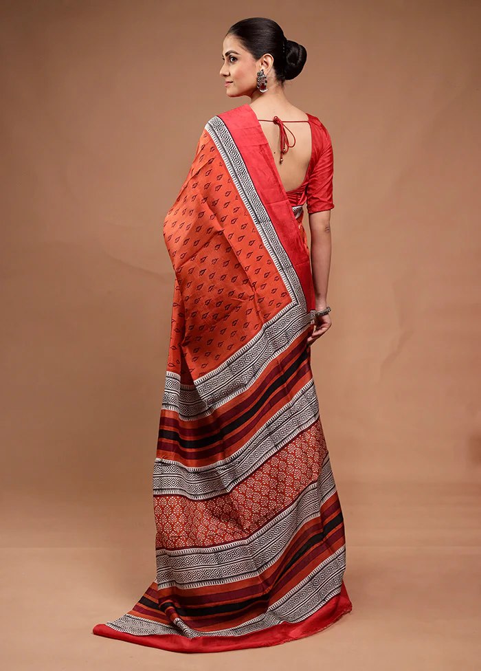 Rust Printed Silk Saree Without Blouse Piece - Image 3