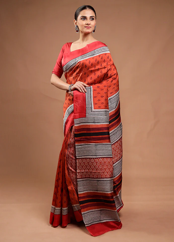 Rust Printed Silk Saree Without Blouse Piece - Image 4
