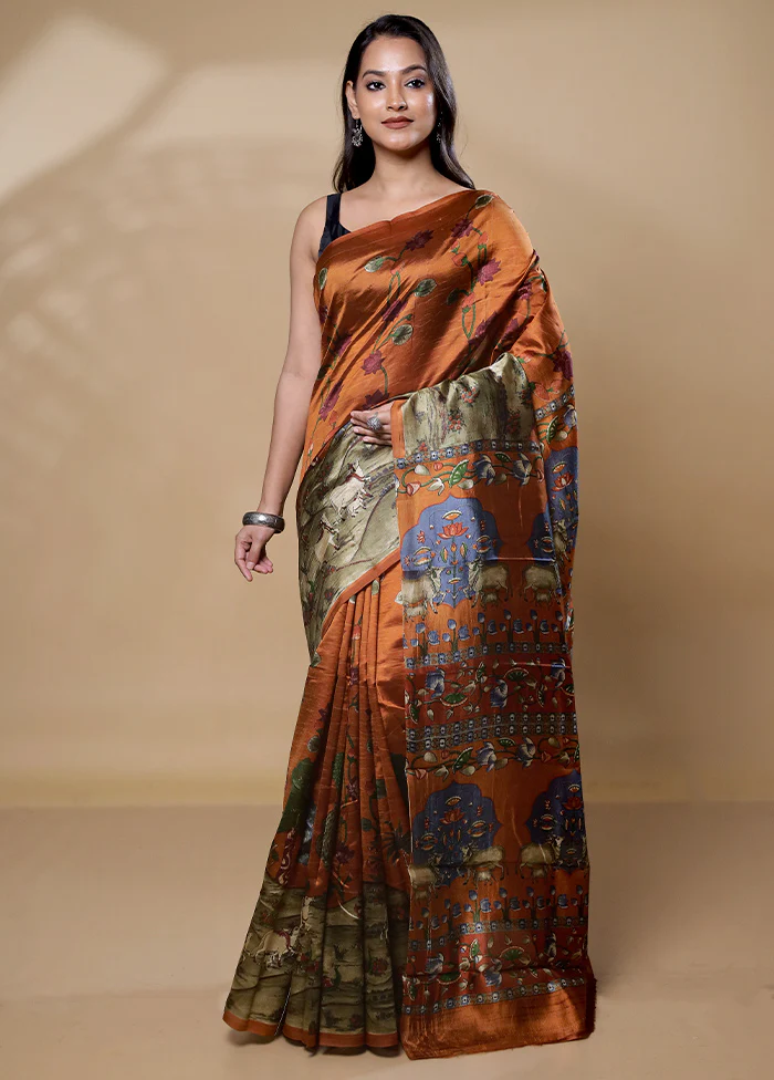 Rust Printed Pure Silk Saree Without Blouse Piece - Image 2