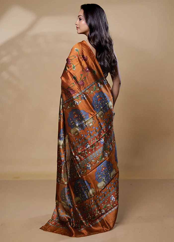 Rust Printed Pure Silk Saree Without Blouse Piece - Image 3
