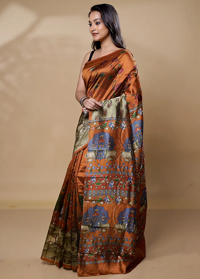 Rust Printed Pure Silk Saree Without Blouse Piece - Image 4