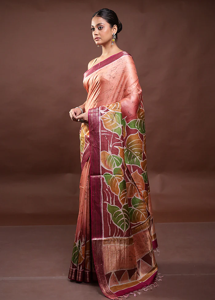 Rust Printed Pure Silk Saree Without Blouse Piece - Image 4