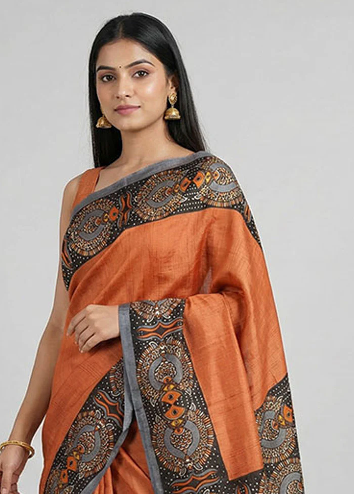 Rust Printed Pure Silk Saree Without Blouse Piece - Image 2
